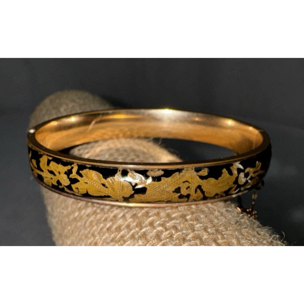 Vtg 10k Gold Filled Black Enamel Hinged Bangle Dunn Bros Floral Bracelet 15g - Picture 3 of 15